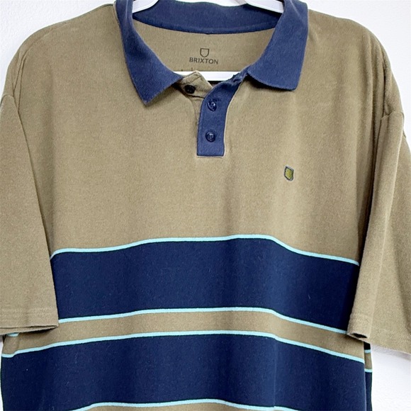 Brixton Other - Brixton Mens Polo Shirt Olive Green Blue Striped Short Sleeve